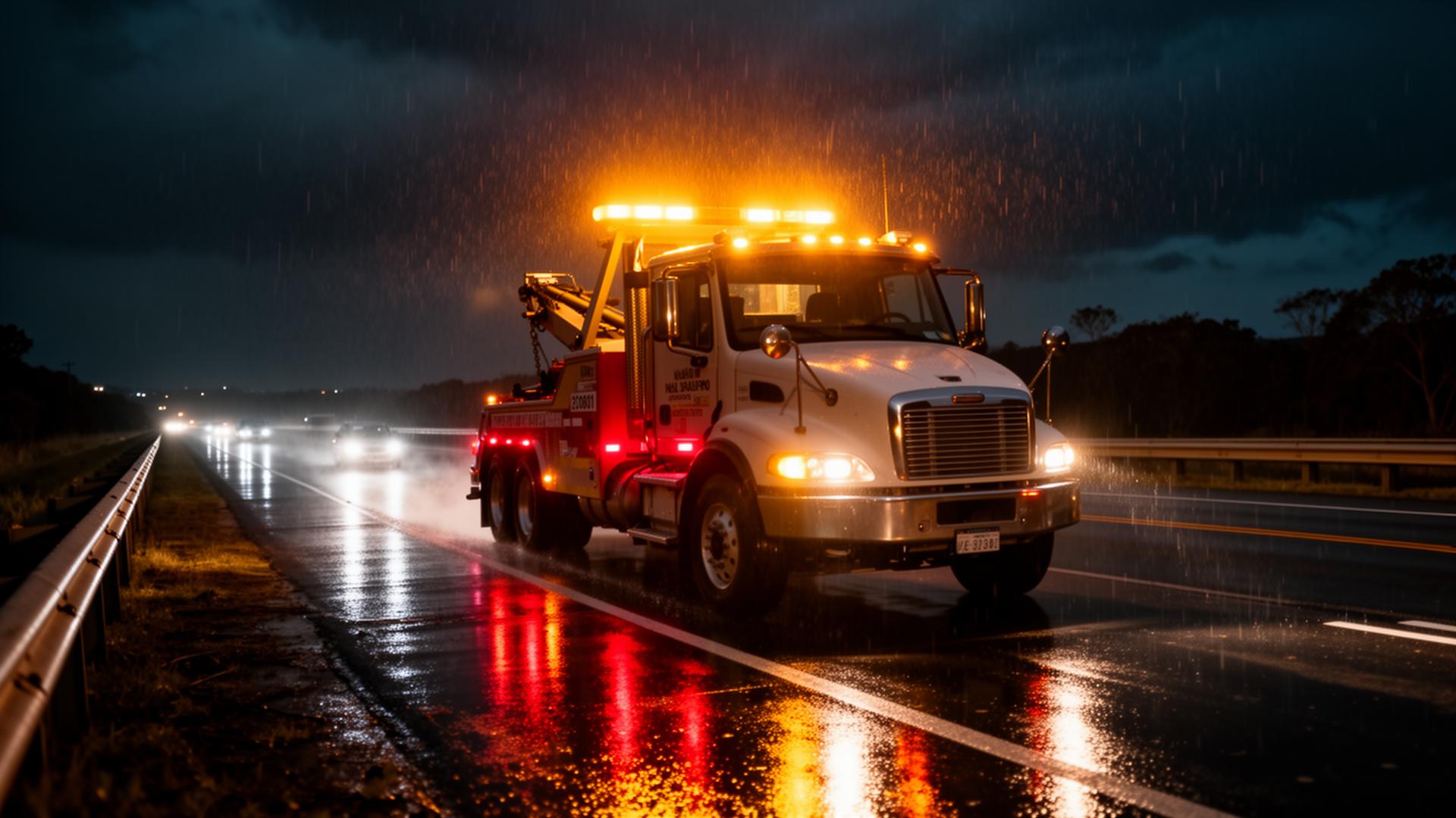Tow truck on rainy highway at night